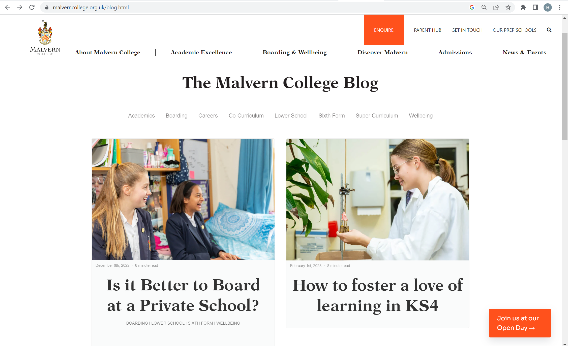 Malvern College blog – desktop view